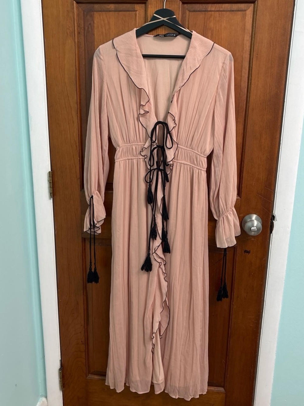 Zara Dusty Pink Ruffle Maxi Dress with Black Tassel Ties